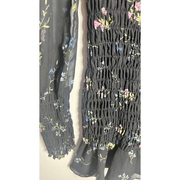 For Love & Lemons Medium Revolve Dixon Black Floral Chiffon Smocked Mini Dress - Picture 7 of 11